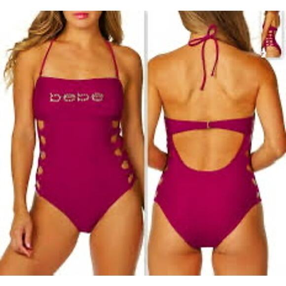 bebe Hot Pink Rhinestone Logo One-Piece Swimsuit Y2K Cutout XL Glam Swarovski - Picture 2 of 8